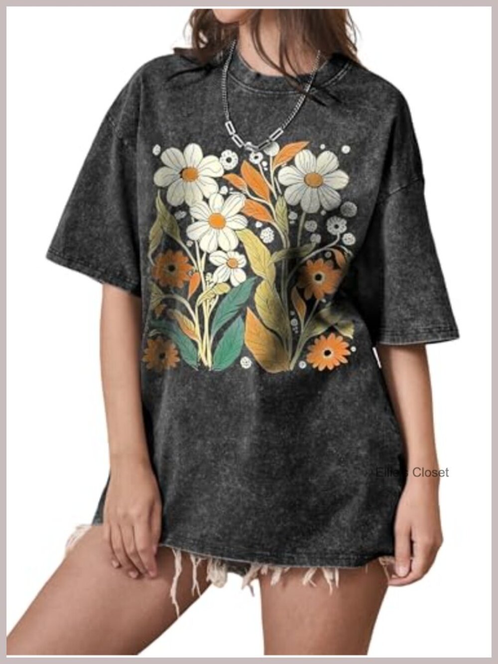 Oversized Floral Graphic T-Shirt Vintage Acid Wash Crewneck Short Sleeve